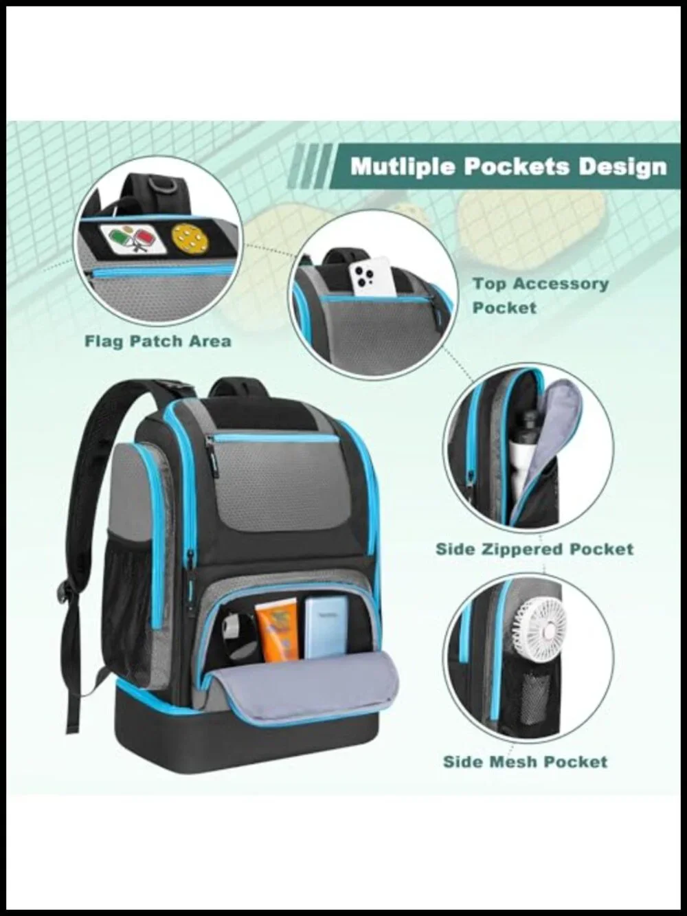 Pickleball Backpack for 4 Paddles with Shoe Compartment Nylon